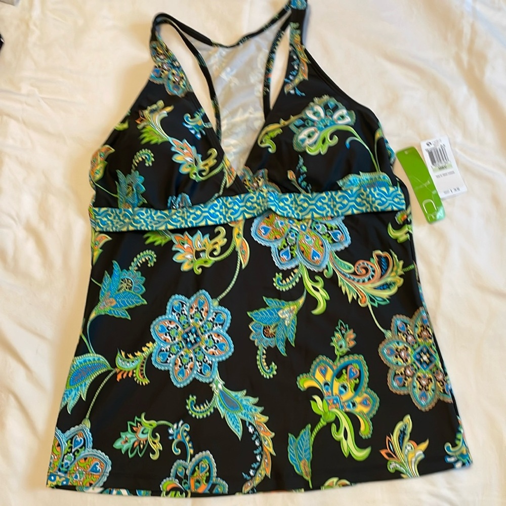 Women’s Next swim top, tankini top vibrant paisley on black, size 38B/C. NWT.